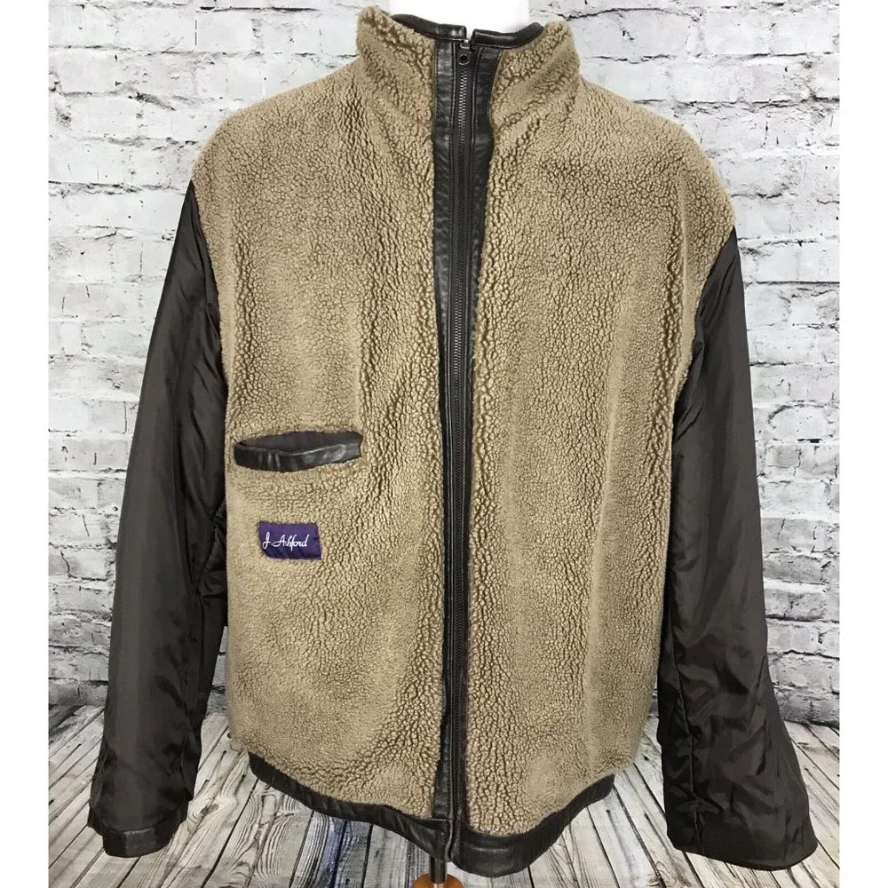 J Ashford‎ Mens Brown Leather Faux Sherpa Full Zip Jacket XXL